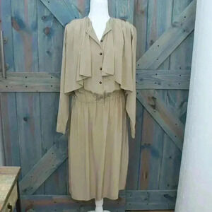 Khaki Tan Vintage 1980s Dress Chiara Creazione Drapey Silk Size 12 Medium